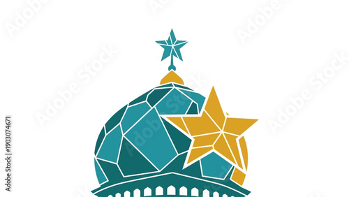 Mosaic illustration of a mosque with stars and a crescent moon symbolizing Islamic culture and faith, viewed from the front