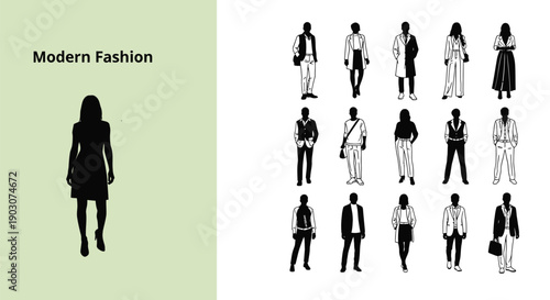 Modern fashion illustration collection featuring diverse silhouettes of men and women in contemporary clothing styles and accessories.
