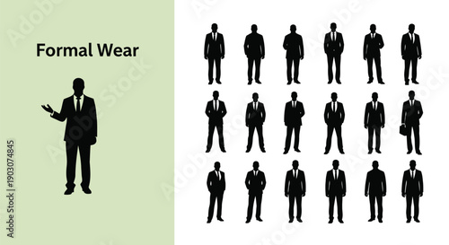 Formal wear for men illustrated with various silhouettes of men in suits and ties standing professionally