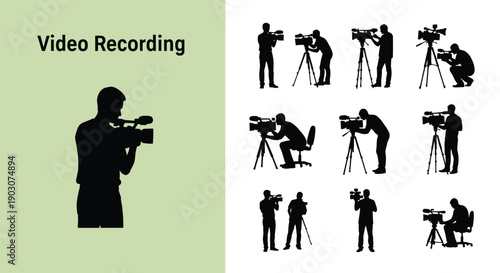 Collection of camera operators in various positions recording video with professional equipment in different settings and poses