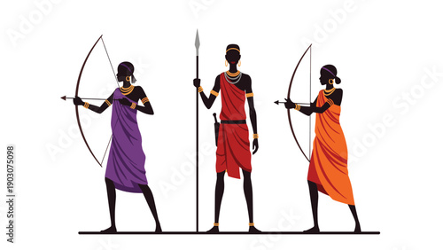 Silhouettes of three African warriors in traditional purple, red and orange clothing holding bows, arrows, and a long spear.