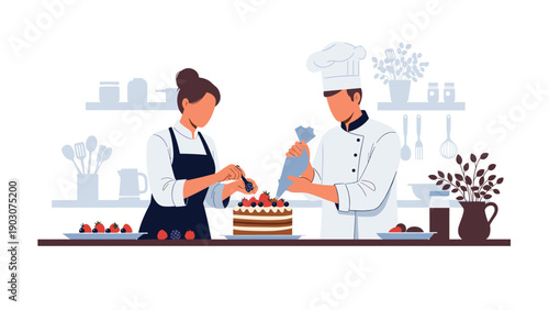 Man and woman chefs in a kitchen setting collaborating to decorate a large strawberry cake with icing and berries.