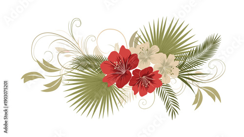 Elegant tropical floral arrangement with red and beige hibiscus flowers, palm leaves, and delicate swirling decorations.