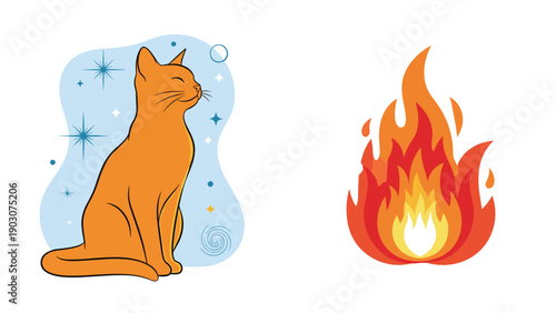 Ginger cat sitting calmly next to a bright, stylized orange and yellow flame on a clean white background.