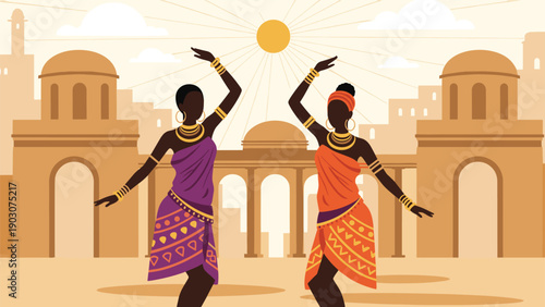 Two African women in colorful traditional dresses dancing in front of an ancient city silhouette at sunset.