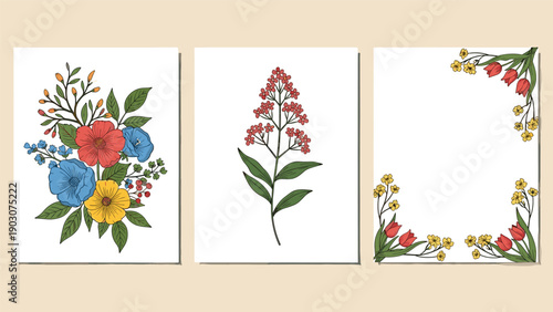 Trio of cards featuring different floral illustrations including a bouquet, a single flowering stem, and floral corner borders.