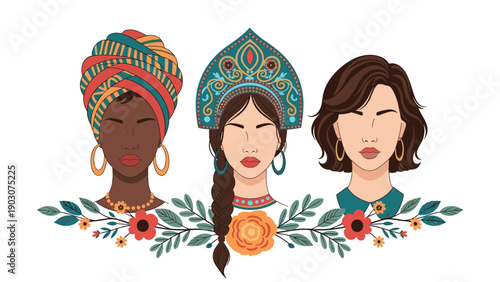 Three beautiful women of different ethnicities stand together with traditional headwear and floral decorations on white background.