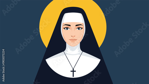 Serene portrait of a catholic nun in traditional black and white habit with a cross necklace against a dark blue background with a halo.