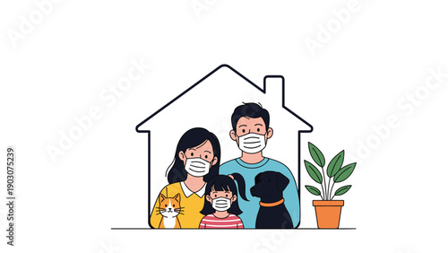 Family with a child and their pets wearing protective medical face masks inside a house outline to represent safety during a pandemic.