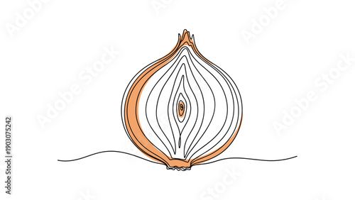 Minimalist one line drawing of a sliced onion showing the inner layers of the vegetable on a clean white background with a single stroke.
