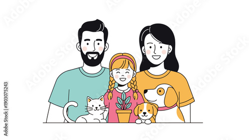 Happy young family with a small daughter and their beloved pets including a cat and two dogs posing together in a cheerful group portrait.