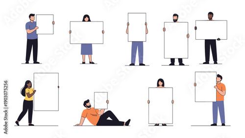 Diverse group of people holding blank white signs and placards in various poses isolated on white background for custom message placement.