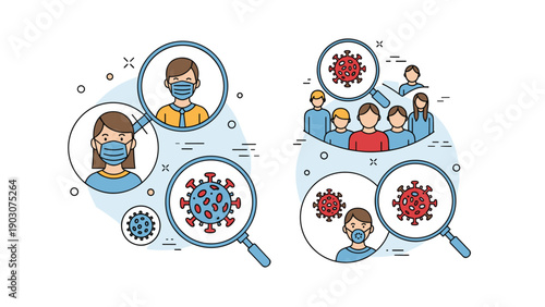Infographic showing people wearing medical masks being examined with magnifying glasses to identify the presence of a virus in a crowd.