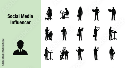 Collection of silhouetted business professionals and social media influencers in various work related poses and activities