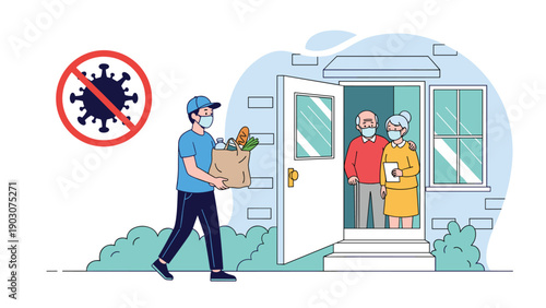 Courier delivering a bag of groceries to an elderly couple at their home door while both parties wear protective masks during a pandemic.