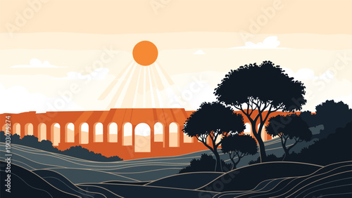 Scenic landscape of a classic roman aqueduct under a bright sun with trees and rolling hills in a warm orange and brown color palette.