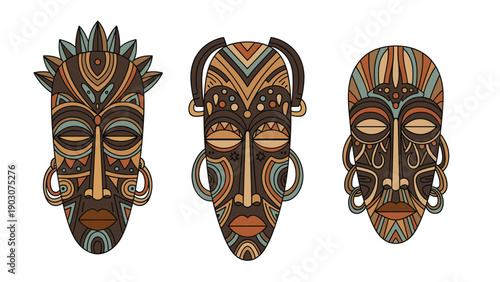 Set of three traditional african masks with various tribal patterns and colorful details isolated on a white background for cultural design.
