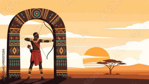 Powerful african warrior aiming with a bow and arrow standing under a traditional decorative arch in a vast savannah landscape at sunset.