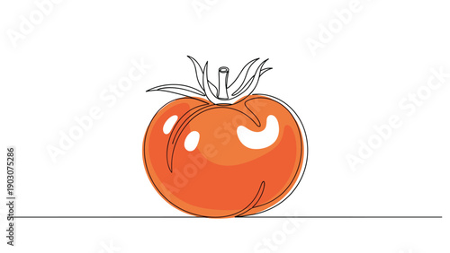 Simple and modern continuous line drawing of a fresh tomato with a green stem and a splash of red color on a white background.