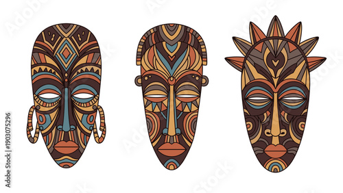 Collection of three diverse African tribal masks with intricate geometric patterns and earthy colors on a white background.