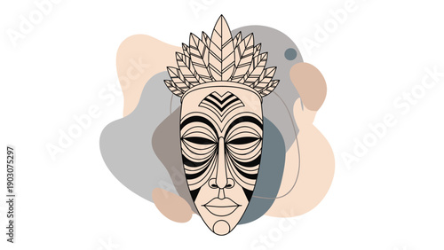 Stylized traditional african mask with a leaf crown and tribal markings over an abstract background of organic shapes and soft colors.
