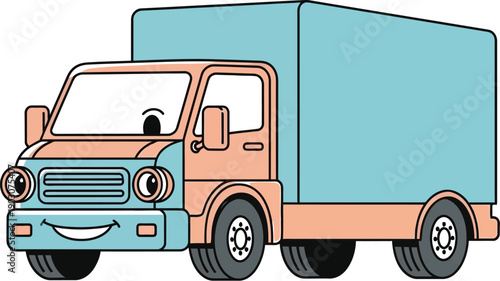 Cartoon delivery truck with smiling face on a plain white background