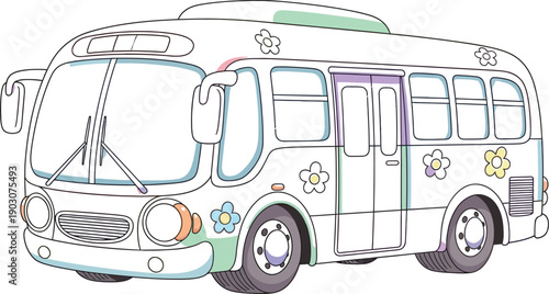 Colorful cartoon bus with flower decorations on a white background