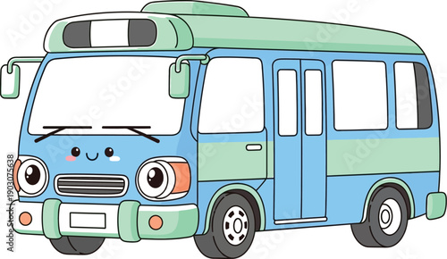 Blue cartoon bus with a cute face, vector illustration on white