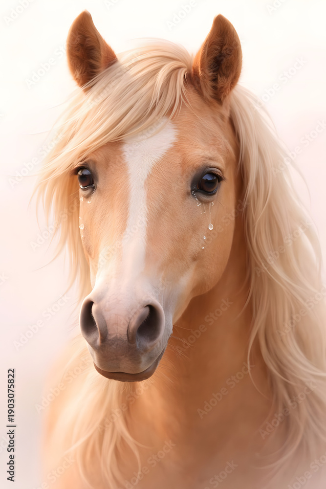 Fototapeta premium A close-up portrait of a palomino horse with a white blaze, flowing mane, and delicate teardrops in the eyes. Warm, soft sunset light creates a serene and emotional mood.