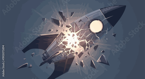 Abstract explosion of geometric shapes in dark blue and gray hues with bright light effect