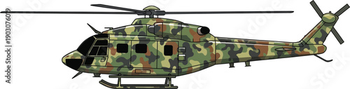 Camouflage helicopter on plain background, military aviation illustration