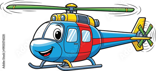 Cartoon helicopter with smiling face on a white background, illustration