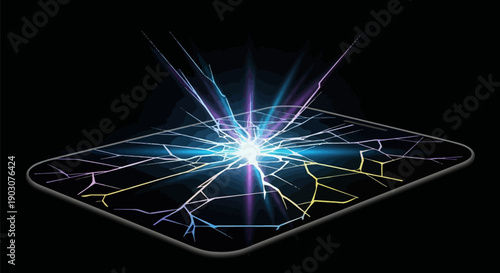 Cracked smartphone screen with vibrant blue and purple light burst on black background shattered glass effect