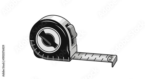 A metal pipe and black and white email symbol with an address are measured by a yellow steel ruler tool and caliper equipment