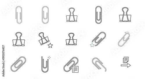 A macro closeup of a set of colorful red, green, and yellow metal paperclips on a white background provides an essential steel fastener tool for school and business office stationery supplies