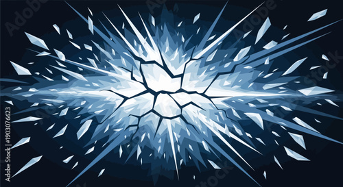 Shattered glass explosion with sharp shards and bright light on dark background destruction concept