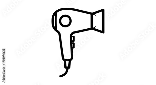 An old rusty vintage key isolated on white stands next to a black electric hair dryer, a plastic beauty tool used by a barber for heat styling