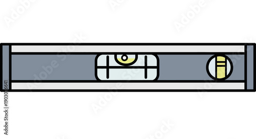 A yellow plastic spirit level tool with a liquid bubble for horizontal measurement accuracy is a carpentry instrument isolated on a white background for construction work