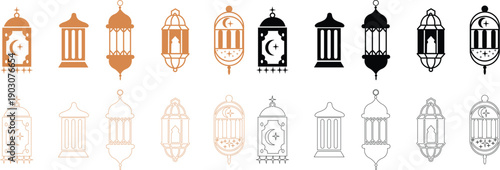 Ramadan lantern vector set collection group of Islamic lamp icons, fanous light symbols isolated on transparent background, outline minimalist editable decoration