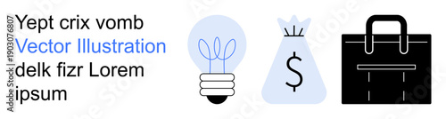 Entrepreneurship, innovation, financial planning, business strategy, investment, creative ideas. Lightbulb, money bag briefcase as symbols. Entrepreneurship and innovation concepts