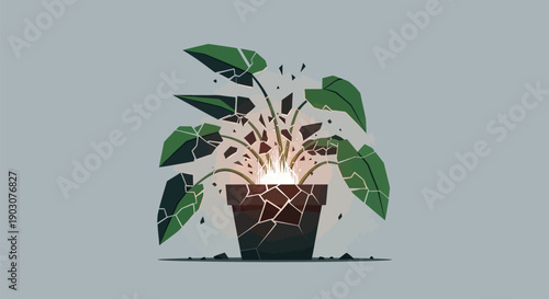 Cracked potted plant with green leaves exploding in abstract mosaic style on gray background