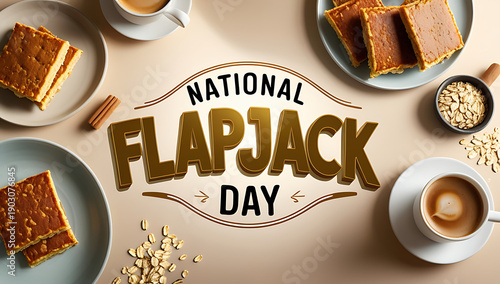 Overhead view of flapjacks and coffee celebrating National Flapjack Day; plates on left and top-right with two cups, oats scattered on a neutral table; 4K, HD