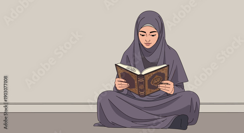 Young Muslim Woman Reading Holy Quran in Hijab, Sitting Cross-legged
