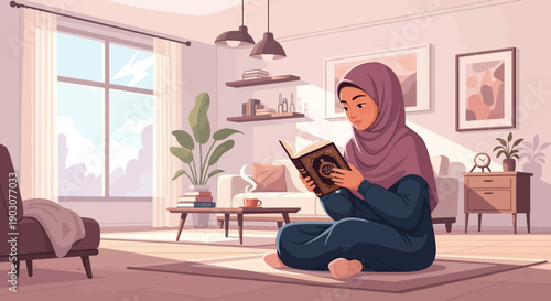 Young Muslim Woman Reading Quran in a Cozy Living Room