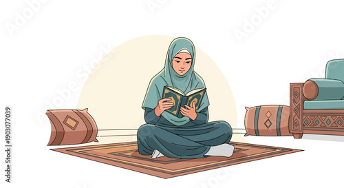 Young Muslim Woman Reading Quran in a Cozy Room, Islamic Culture and Faith