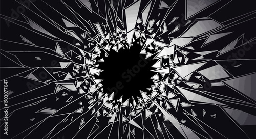 Shattered glass explosion with sharp shards radiating from a central black hole in a dark background