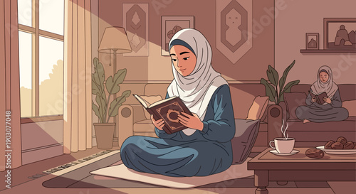 Young Muslim Woman Reading Quran in Cozy Living Room by Sunlight