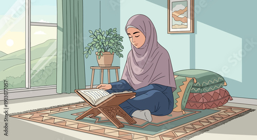 Young Muslim Woman Reading Quran at Home, Peaceful Study Session