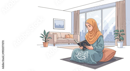 Young Muslim Woman Reading Quran in a Modern Living Room