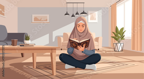 Young Muslim Woman Reading Quran in Cozy Living Room